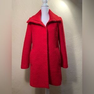 Loft Red Jacket Coat Teddy Bear Shawl Collar Zip Front Fully Lined Ann Taylor